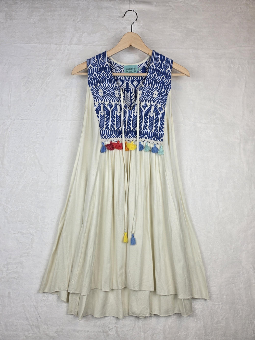 Judith‎ March Ivory Tunic with Blue Embroidered Yoke and Multicolor Tassels